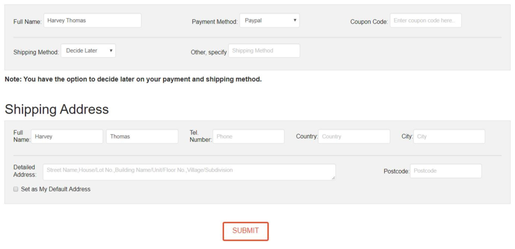 Shopperize: New Order Account & Shipping Information